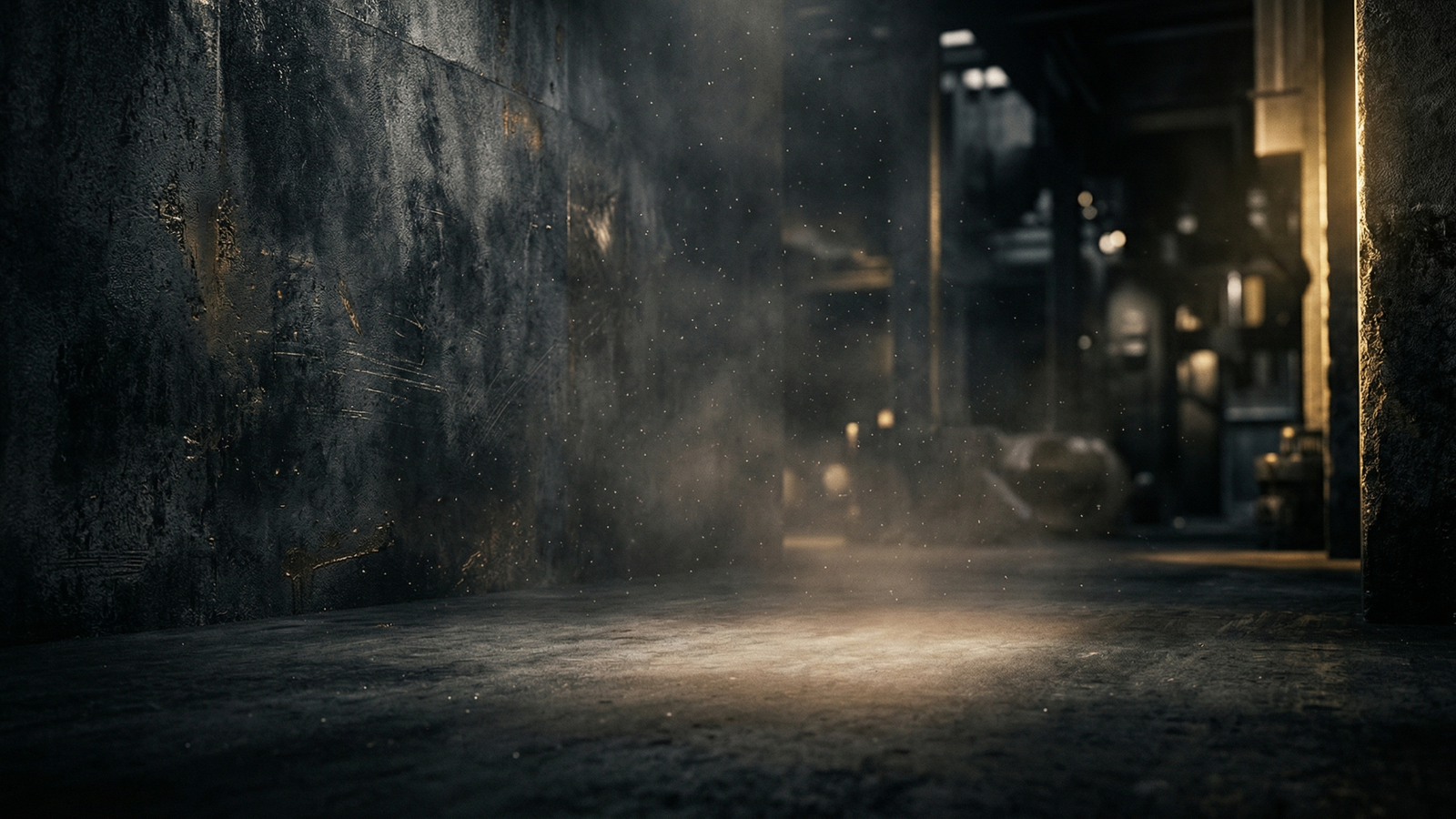 Dark, industrial interior with dust particles and light source