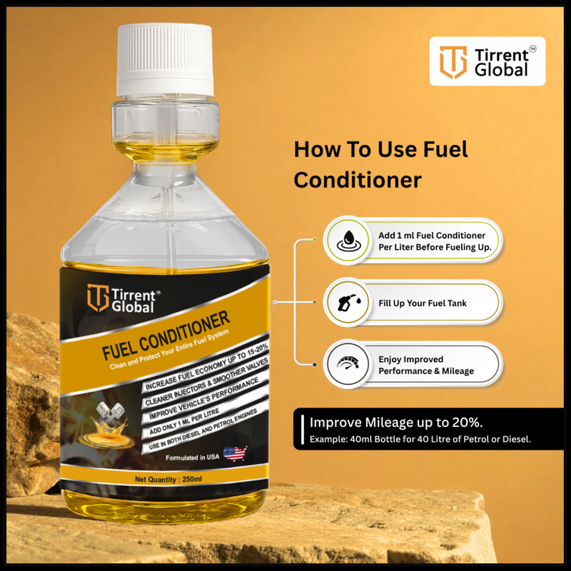 Tirrent Fuel Conditioner | Fuel Additive for Bikes, Scooters and Cars | Fuel Injector Cleaner | Mileage Booster Compatible for Petrol, Diesel and Bio Fuels (250 ml)