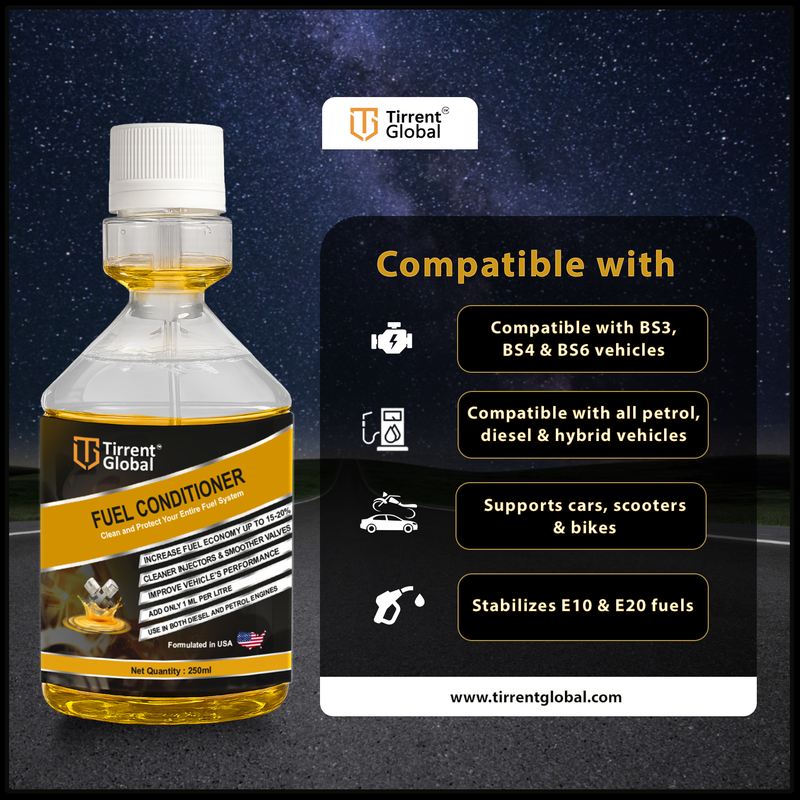 Tirrent Fuel Conditioner | Fuel Additive for Bikes, Scooters and Cars | Fuel Injector Cleaner | Mileage Booster Compatible for Petrol, Diesel and Bio Fuels (250 ml)